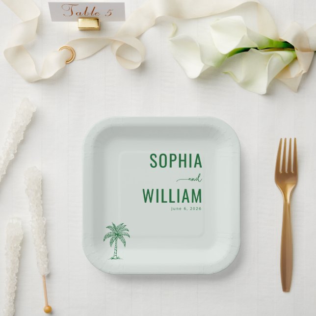 Serene Mint Palm Tree Paper Plate (Wedding)