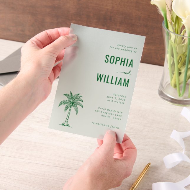 Serene Mint Palm Tree Vellum Invitations (Handheld)