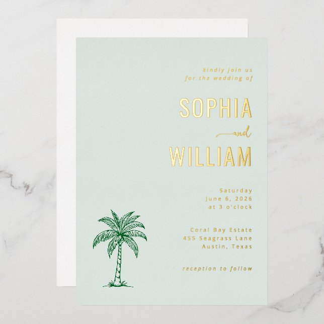 Serene Mint Palm Tree Wedding Invitation (Front/Back)