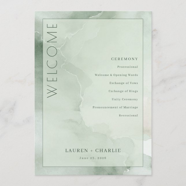 Serene Mint Watercolor Ceremony Schedule Programme (Front)