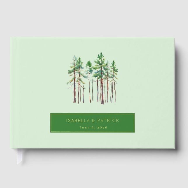 Serene Mint Watercolor Pine Trees Guest Book (Front)