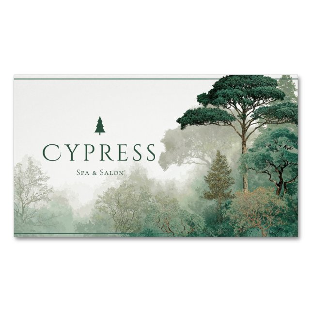 Serene Misty Forest Minimalist Green Trees Magnetic Business Card (Front)