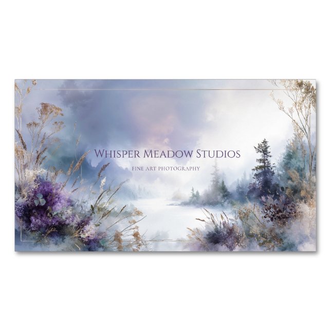 Serene Misty Lake Purple Floral Gold Sparkle Magnetic Business Card (Front)