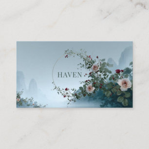 Serene Misty Lake Rose Vine Elegant Gold Frame Business Card