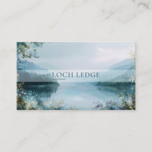 Serene Misty Lake Teal and Gold Landscape Business Card