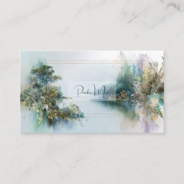Serene Misty Riverbank Botanical Gold Frame Business Card (Front)