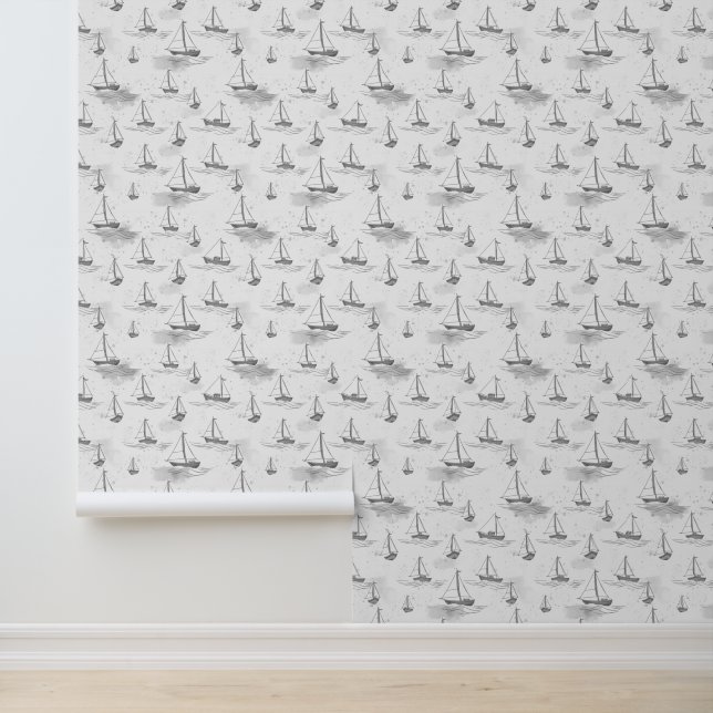 Serene Monochromatic Sailing Boats Pattern Wallpaper (Application)