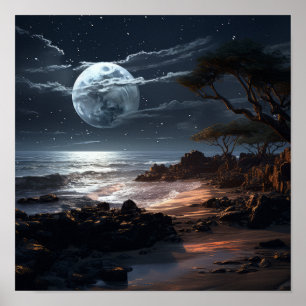 Serene Moon at Night Poster   Tranquil Nature Wall