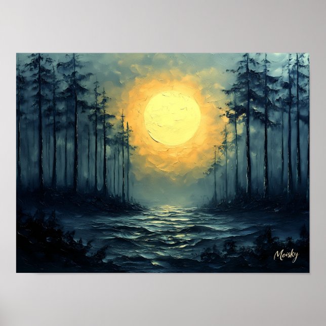 Serene Moonlit Forest Pathway with Full Moon Poster (Front)