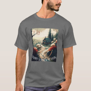 Serene Mountain Cabin Landscape Summer Season T-Shirt