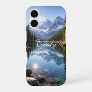 Serene Mountain Lake Landscape Personalised Name iPhone 16 Case