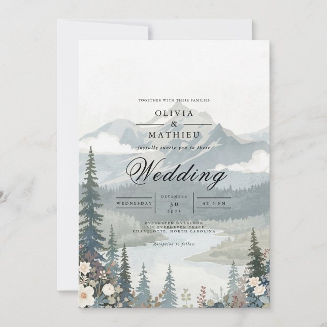 Serene Mountain Landscape Wedding Invitation (Front)