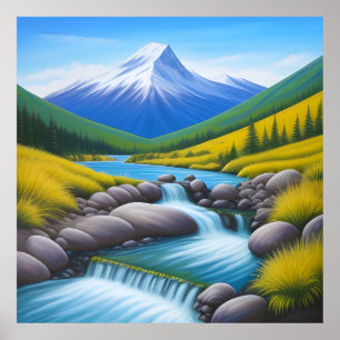 Serene Mountain Landscape with Cascading Stream Poster
