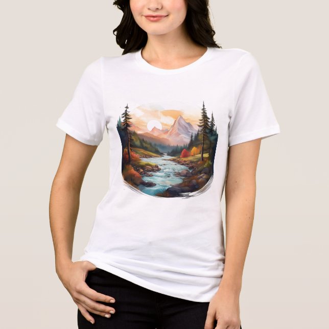 Serene Mountain Landscape with Flowing River Tri-Blend Shirt (Front)