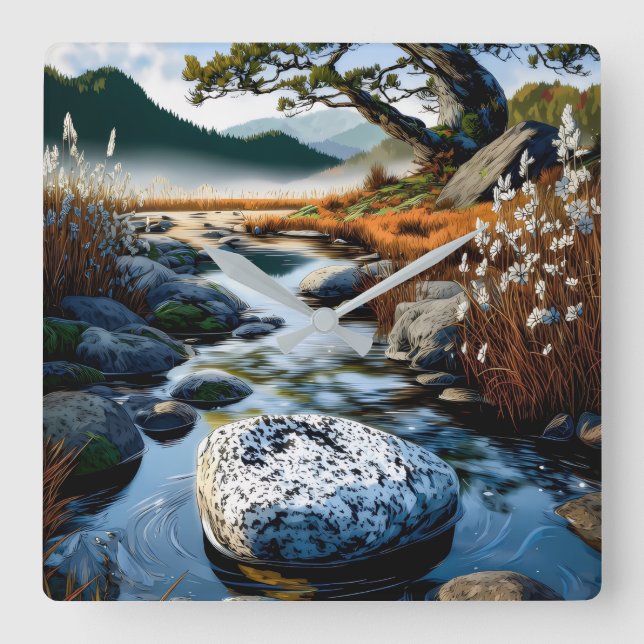 Serene Mountain Stream Wall  Square Wall Clock (Front)