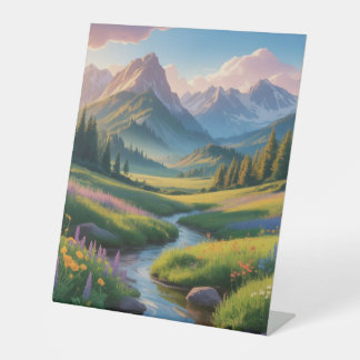 Serene Mountain Valley Landscape Wall Art Print Pedestal Sign