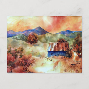 Serene Mountain Watercolor Farm Scene Postcard