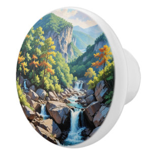 Serene Mountain Waterfall Landscape Ceramic Knob