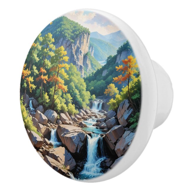 Serene Mountain Waterfall Landscape Ceramic Knob (Right)