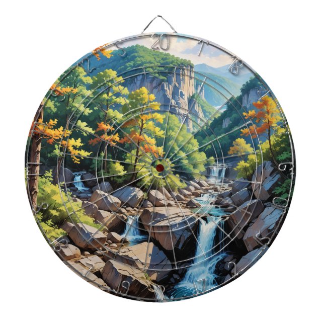 Serene Mountain Waterfall Landscape Dartboard (Front)
