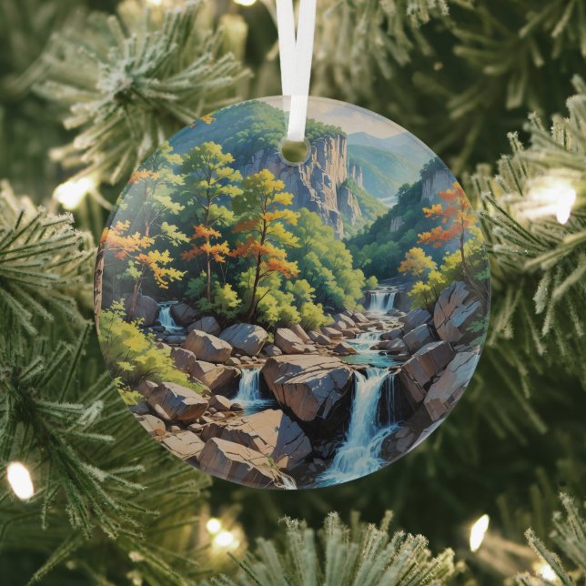 Serene Mountain Waterfall Landscape Glass Tree Decoration (Insitu)