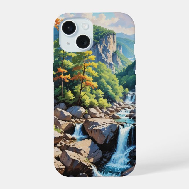 Serene Mountain Waterfall Landscape iPhone 15 Case (Back)
