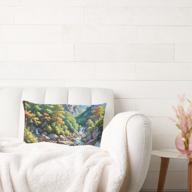 Serene Mountain Waterfall Landscape Lumbar Cushion (Couch)