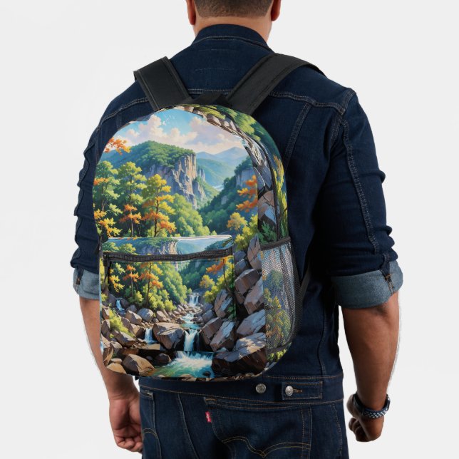 Serene Mountain Waterfall Landscape Printed Backpack (Insitu (Model))