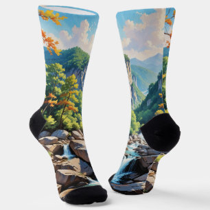Serene Mountain Waterfall Landscape Socks