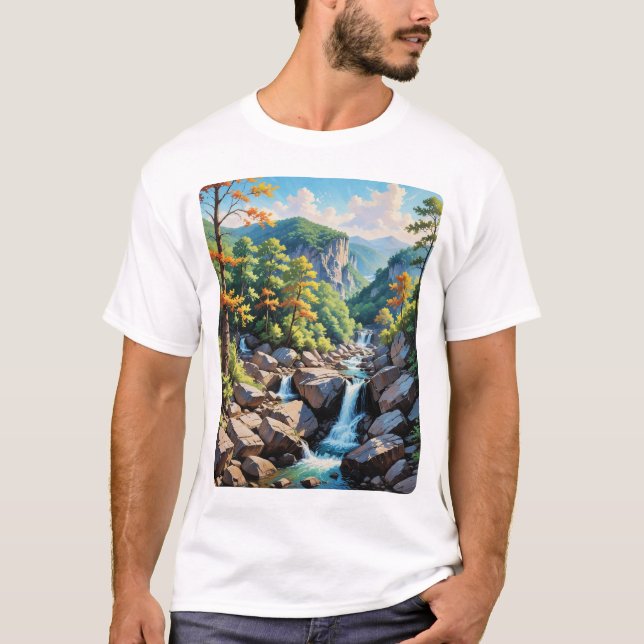 Serene Mountain Waterfall Landscape T-Shirt (Front)
