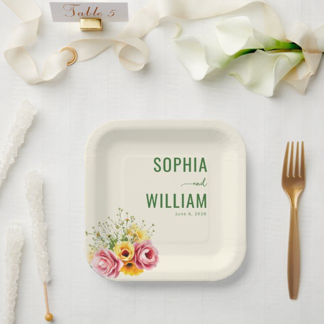Serene Muted Green Floral Paper Plate (Wedding)