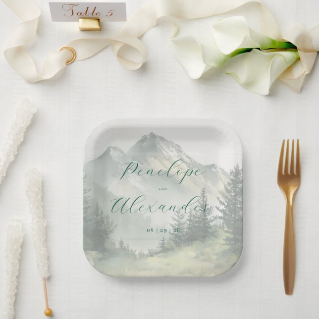 Serene Muted Green Mountain Landscape Paper Plate (Wedding)