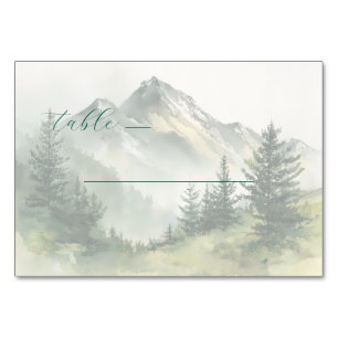 Serene Muted Green Watercolor Mountain Landscape Table Number