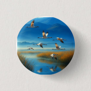 Serene Nature Lake Scene with Flying Crane 3 Cm Round Badge