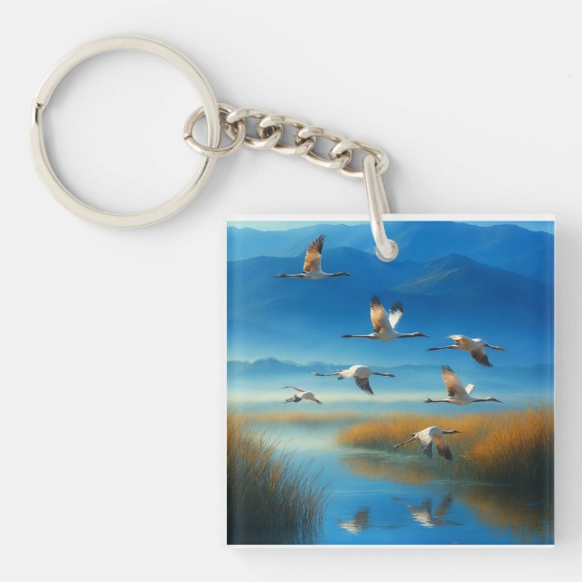 Serene Nature Lake Scene with Flying Crane Key Ring (Front)