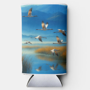 Serene Nature Lake Scene with Flying Crane Seltzer Can Cooler