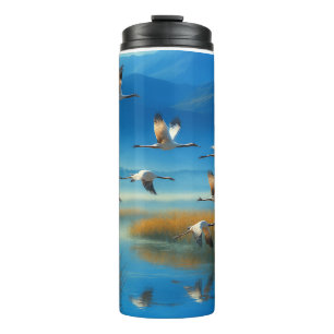 Serene Nature Lake Scene with Flying cranes Thermal Tumbler