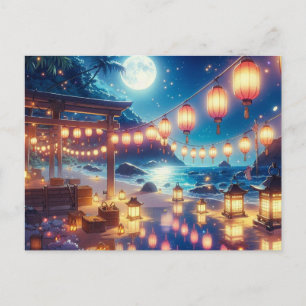 Serene Night Festival by the Sea Painting Postcard