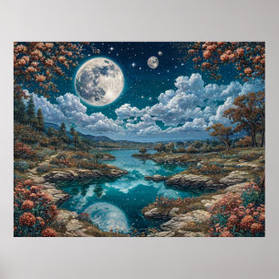 Serene Night Landscape Featuring Full Moon Poster