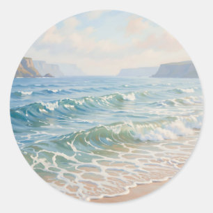 Serene Ocean Waves Crashing Sandy Beach Coastal Classic Round Sticker