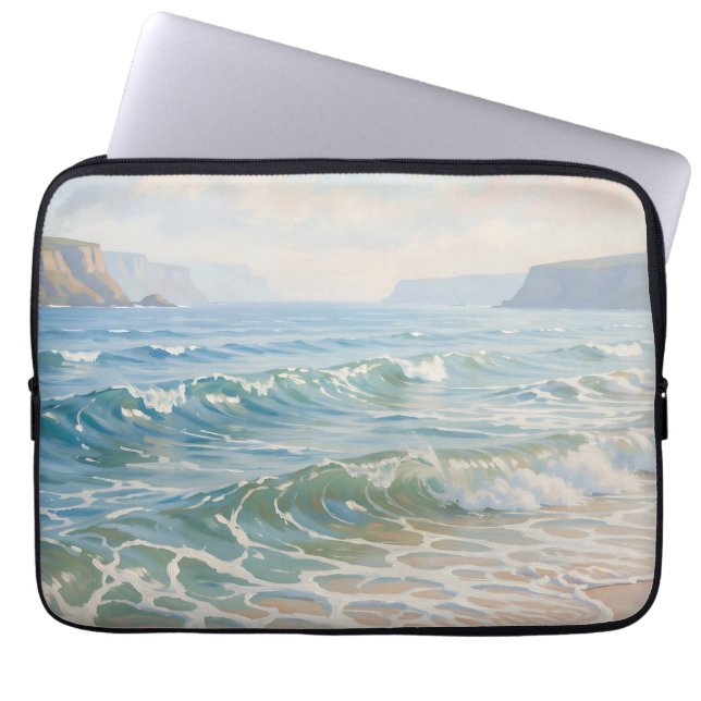 Serene Ocean Waves Crashing Sandy Beach Coastal  Laptop Sleeve (Front)