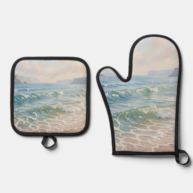 Serene Ocean Waves Crashing Sandy Beach Coastal  Oven Mitt & Pot Holder Set (Front)