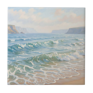 Serene Ocean Waves Crashing Sandy Beach Coastal Tile