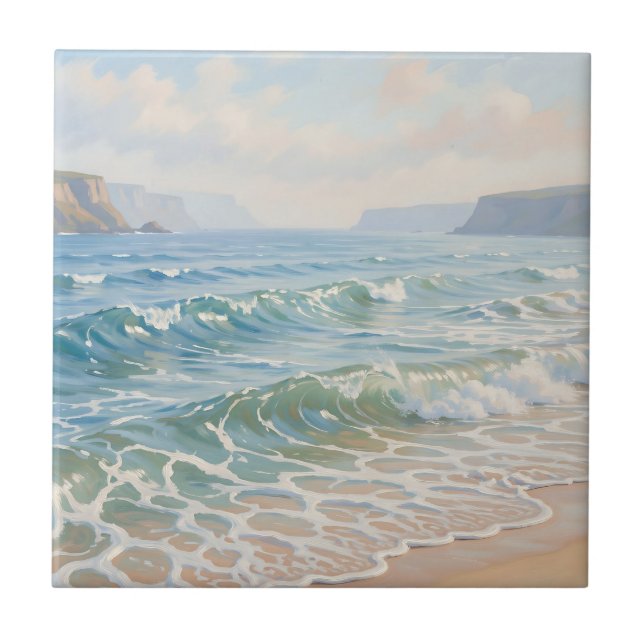 Serene Ocean Waves Crashing Sandy Beach Coastal  Tile (Front)