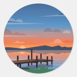 Serene Orange Lake Sunset Dock Scene Classic Round Sticker