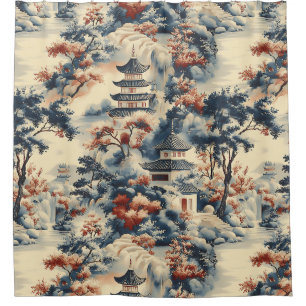 Serene Pagodas in a Mountainous Landscape Shower Curtain