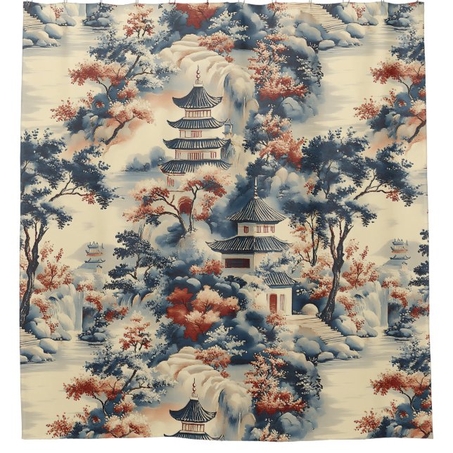 Serene Pagodas in a Mountainous Landscape Shower Curtain (Front)