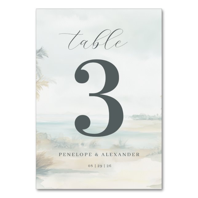 Serene Pastel Beach Scene Table Number (Front)