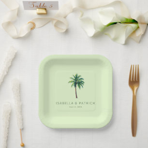 Serene Pastel Green Palm Tree Illustration Paper Plate