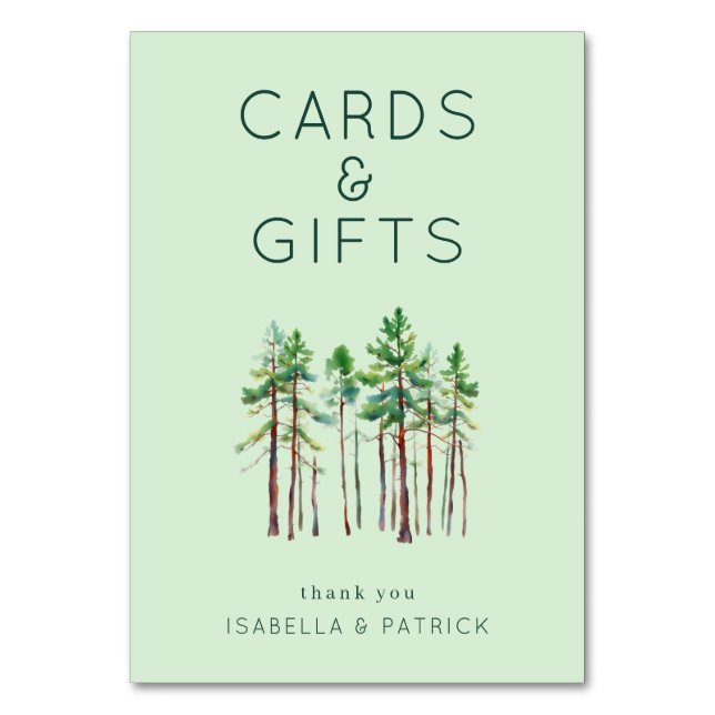 Serene Pastel Green Watercolor Pine Trees Table Number (Front)
